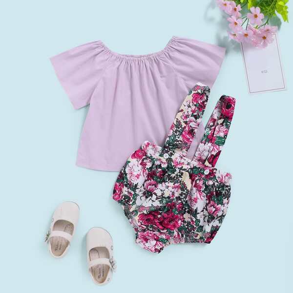 

Baby Girl Raglan Sleeve Tee With Floral Print Overalls, Multicolor