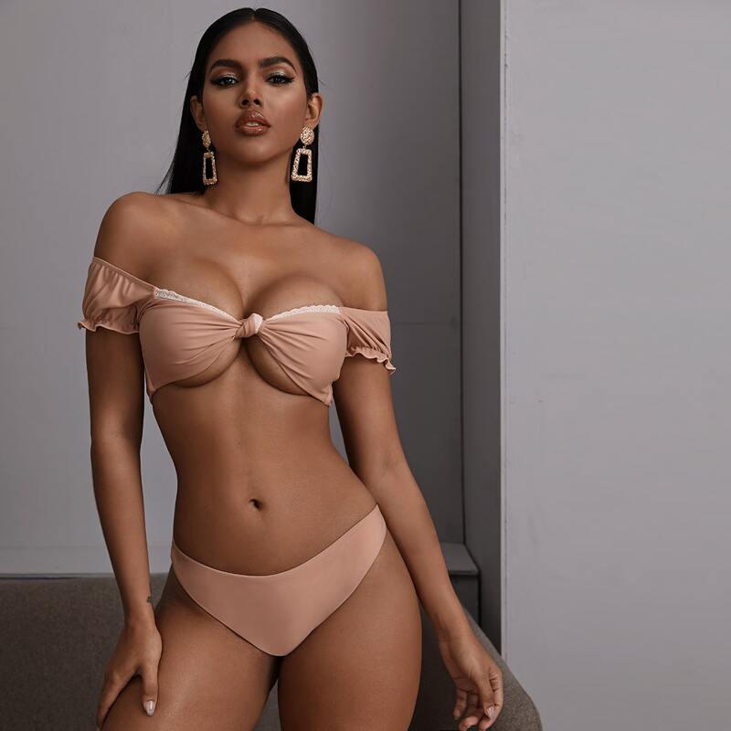 

Lace Panel Bardot Bikini Swimsuit, Pink