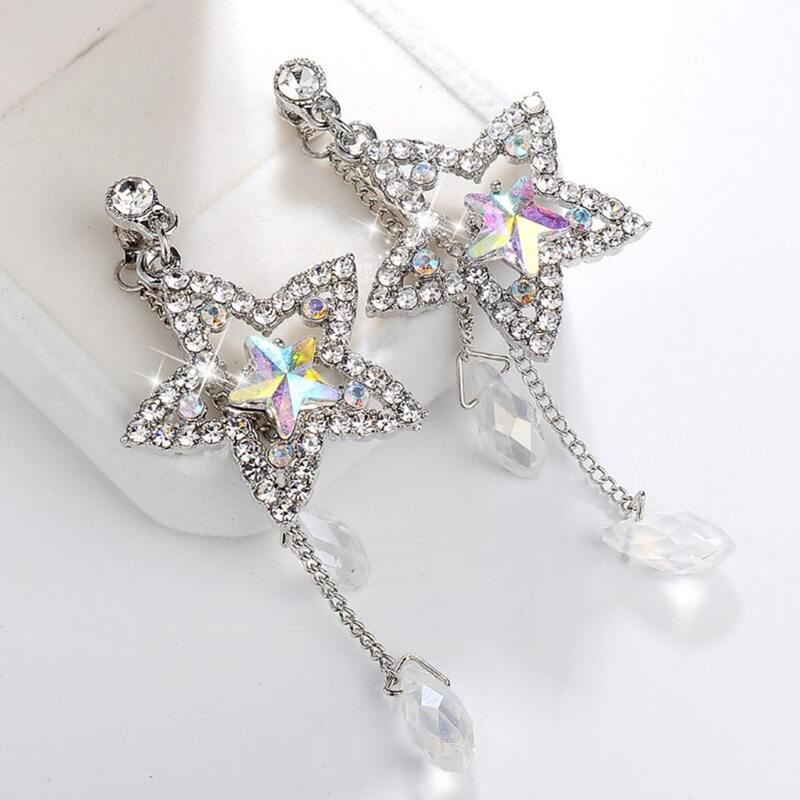 

1pair Rhinestone Engraved Star Decor Chain Crystal Drop Earrings, Multicolor