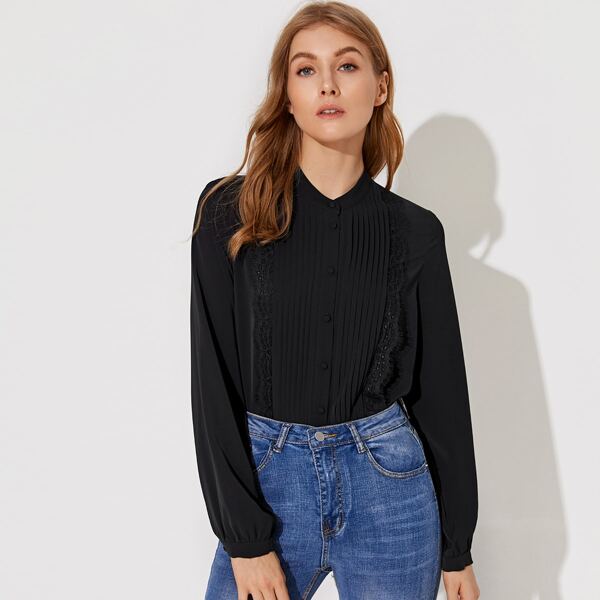 

Premium Eyelash Lace Trim Pleated Front Blouse, Black