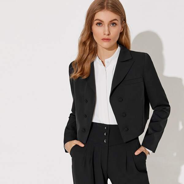 

Peak Collar Double Breasted Detail Crop Blazer, Black