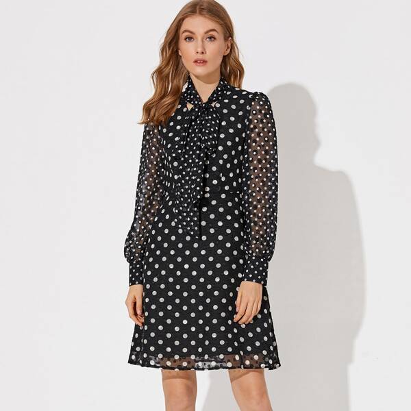 

Tie Neck Polka Dot Print Dress, Black and white