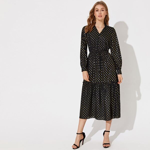 

Button Front Gold Dot Elastic Waist Dress, Black