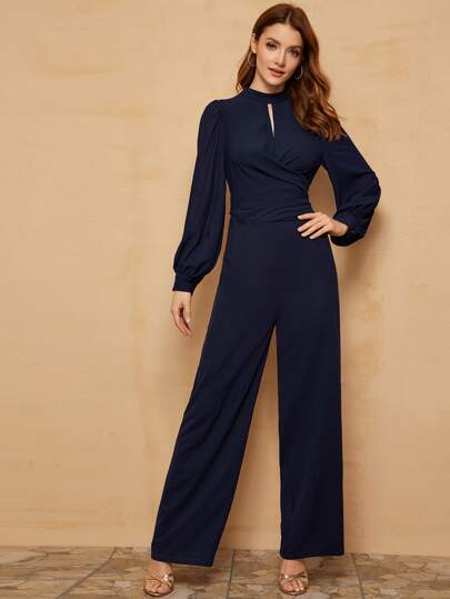 Premium Keyhole Neck Lantern Sleeve Wide Leg Jumpsuit
