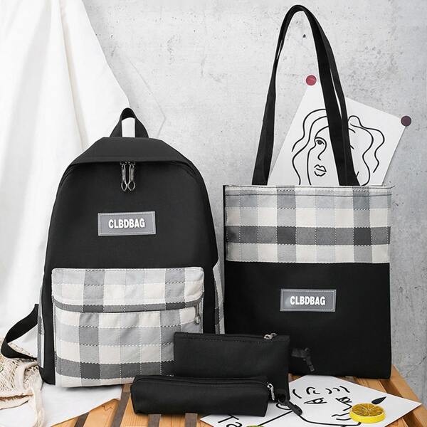 

4pcs Plaid Panel Backpack With Pencil Case, Black