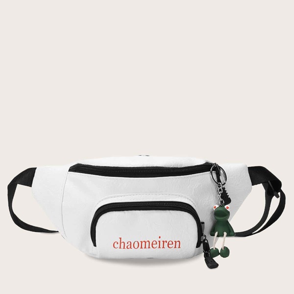 

Frog Keychain Decor Pocket Front Fanny Pack, White