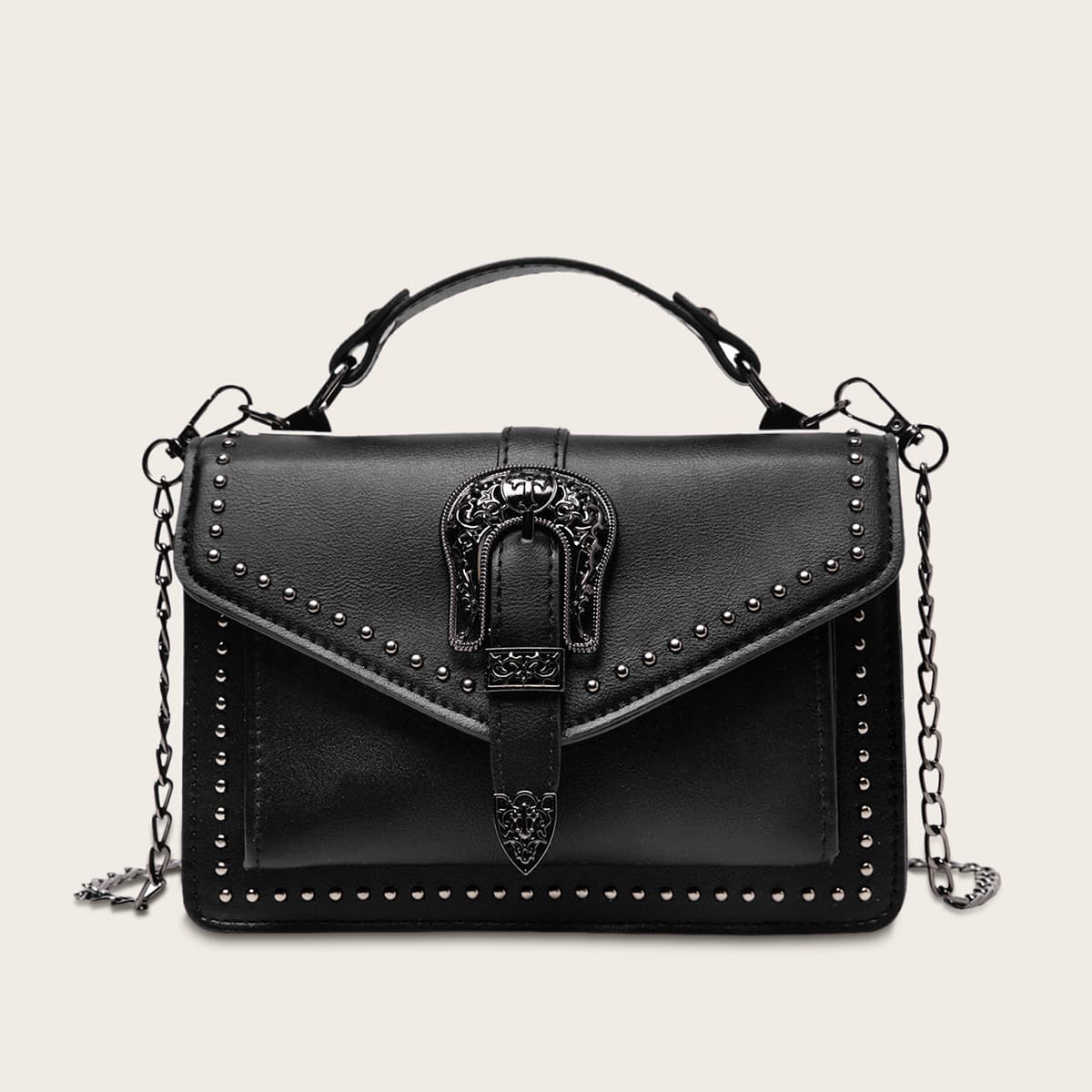 

Studded Decor Chain Satchel Bag, Black