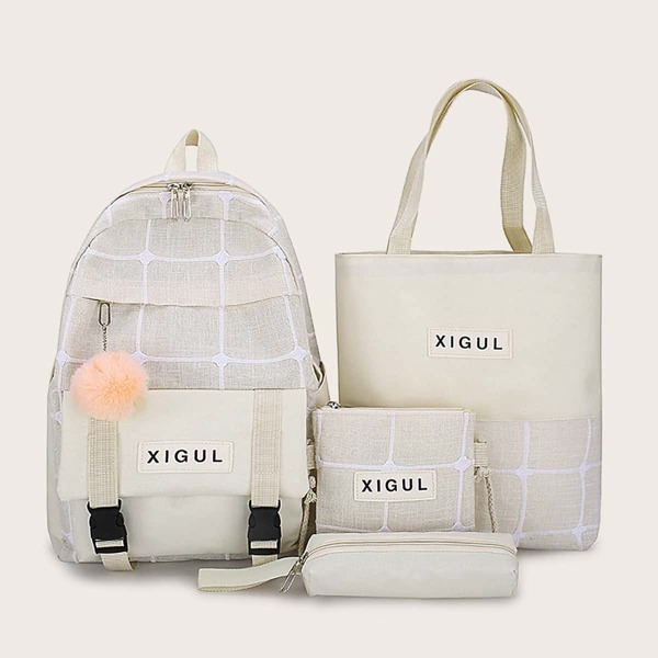 

4pcs Pom Pom Decor Plaid Backpack With Pencil Case, Beige