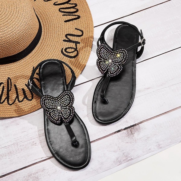 

Rhinestone Decor Toe Post Ankle Strap Sandals, Black