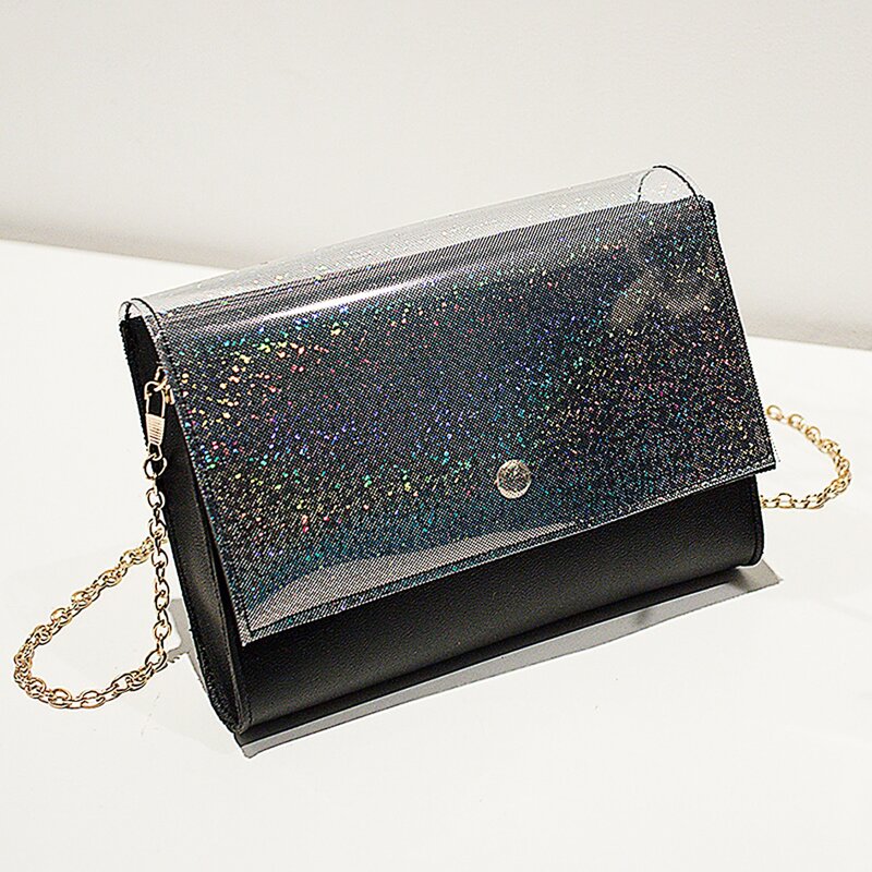 

Contrast Glitter PVC Flap Crossbody Bag, Black