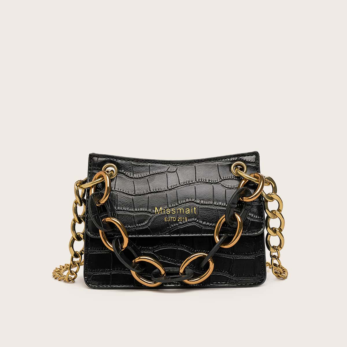 

Croc Embossed Chain Satchel Bag, Black