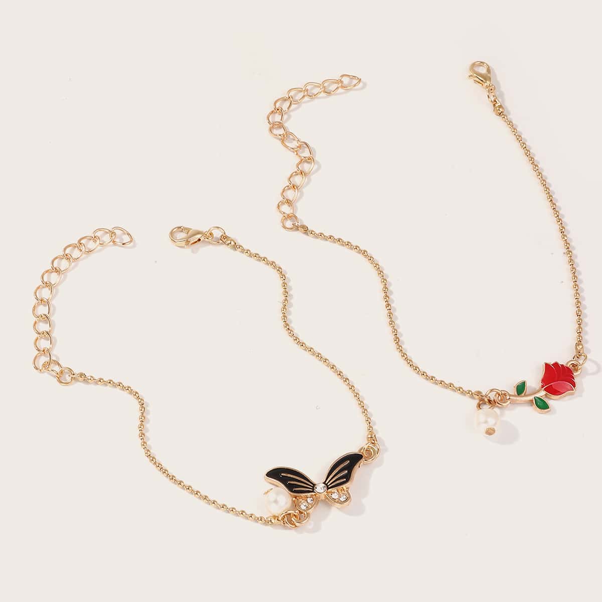 

2pcs Butterfly & Rose Decor Bracelet, Gold