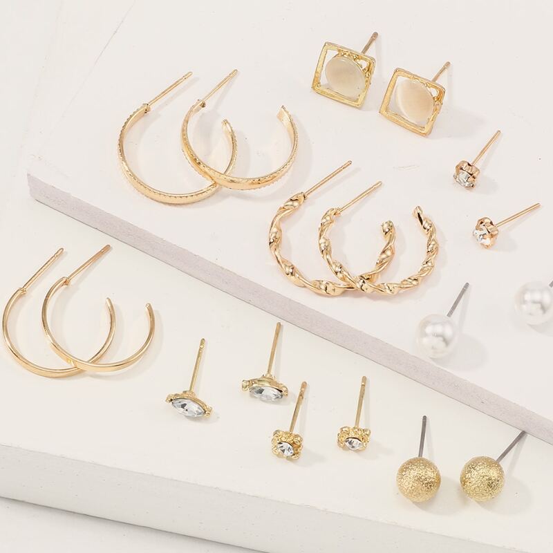 

9pairs Rhinestone Engraved & Faux Pearl Decor Earrings, Gold