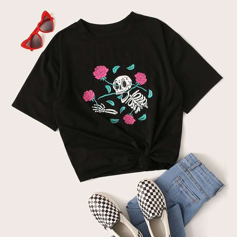 

Floral & Halloween Print Tee, Black