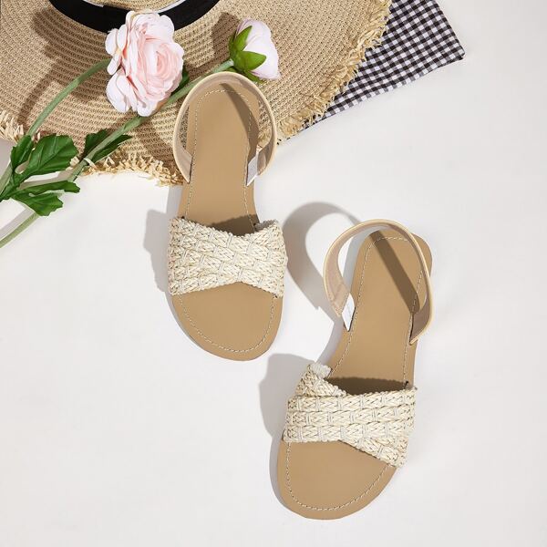 

Braided Open Toe Slingback Flat Sandals, Beige