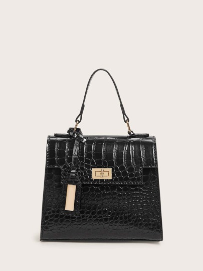 Croc Embossed Twist Lock Flap Satchel Bag