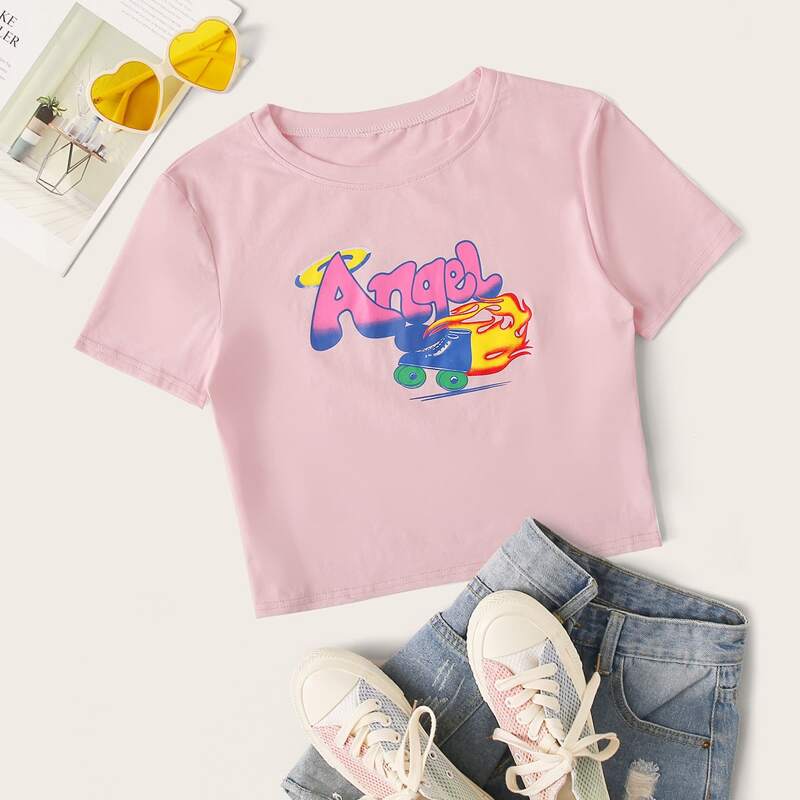 

Angel Graphic Form-Fitting Cropped Tee, Baby pink