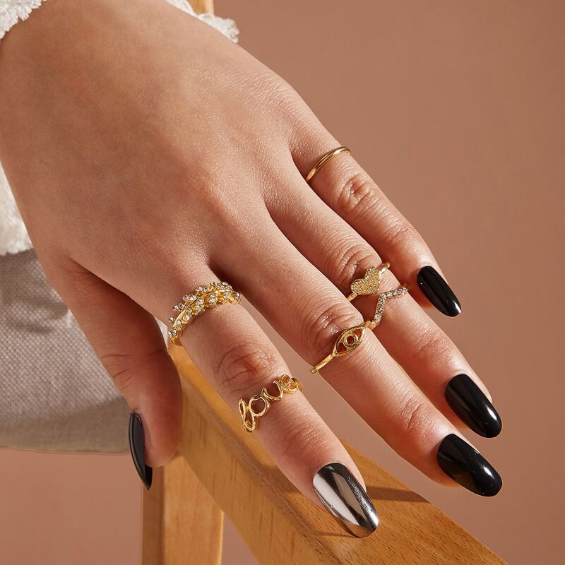 

6pcs Letter & Heart Decor Ring, Gold