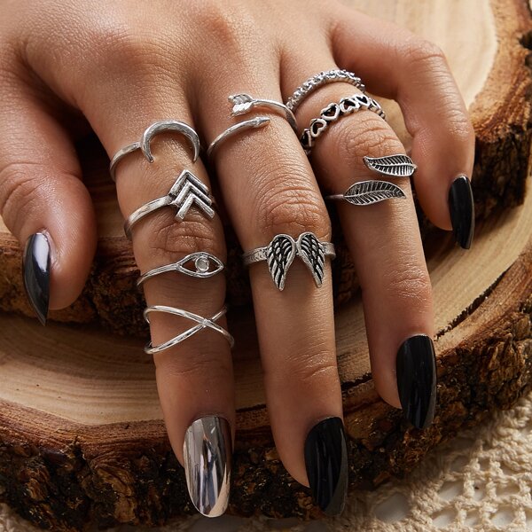 

9pcs Eye & Wing Decor Ring, Silver