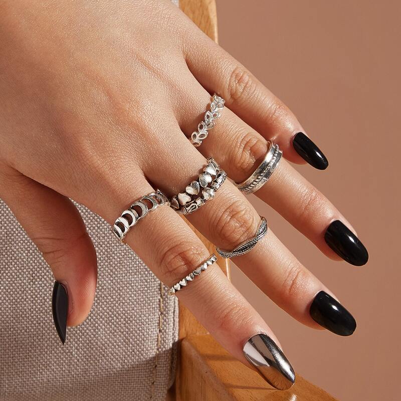 

7pcs Heart & Leaf Decor Ring, Silver