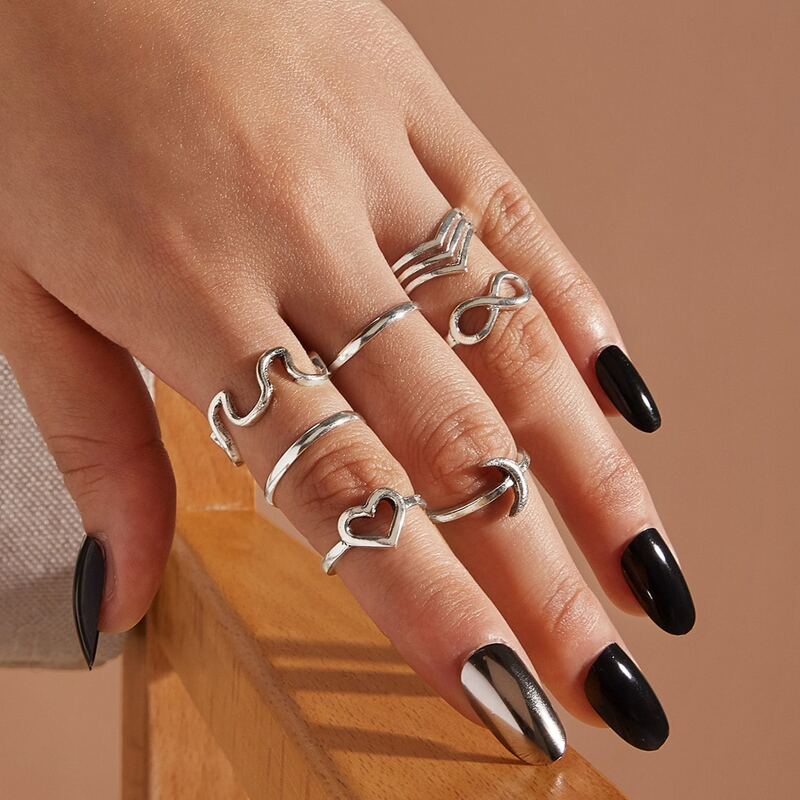 

7pcs Heart & Infinity Decor Ring, Silver