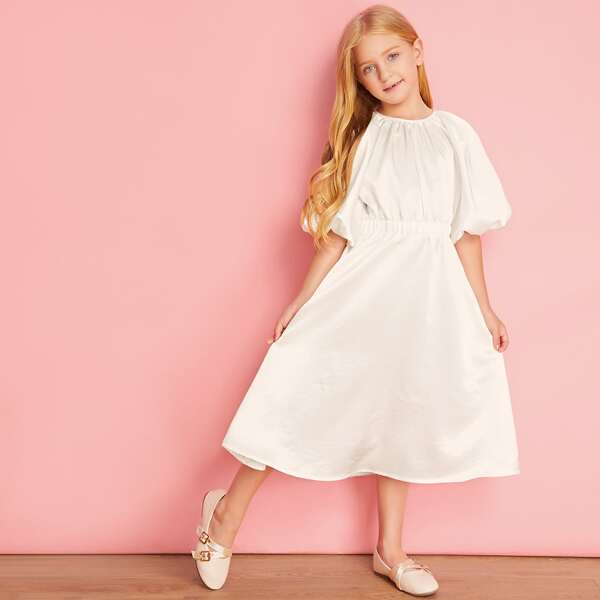 

Girls Puff Sleeve Gathered Front Satin Dress, Beige