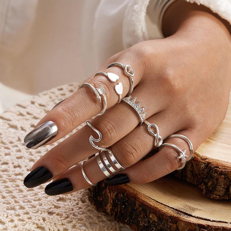 

10pcs Heart & Infinity Decor Ring, Silver
