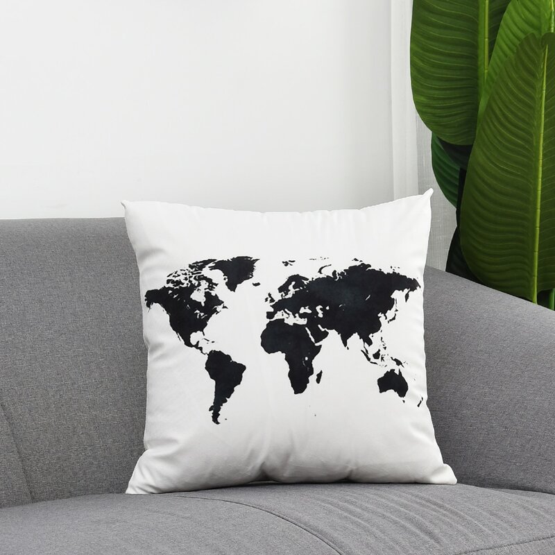 

World Map Print Cushion Cover Without Filler, Black and white