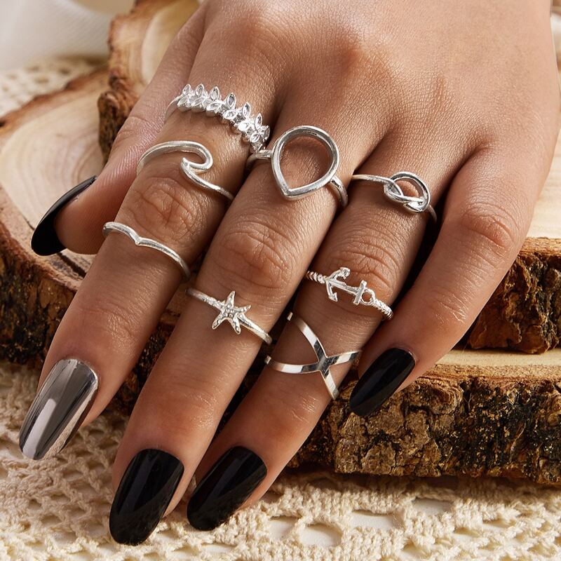 

8pcs Anchor & Geometric Decor Ring, Silver