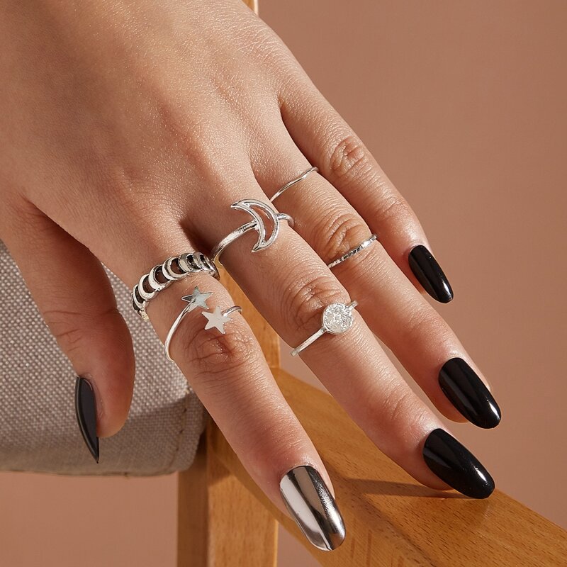 

6pcs s Moon & Star Decor Ring, Silver