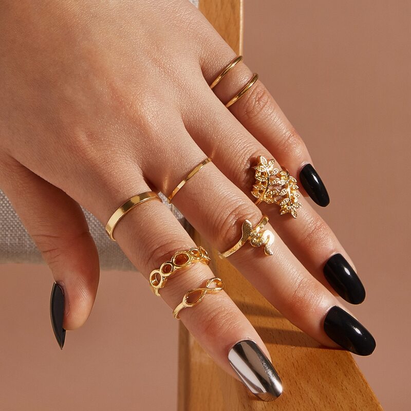 

8pcs Leaf & Serpentine Decor Ring, Gold