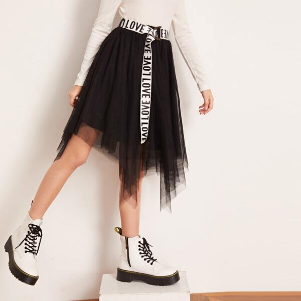 

Girls D-ring Belted Hanky Hem Mesh Overlay Skirt, Black