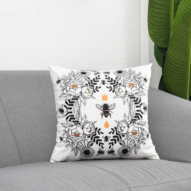 

Flower & Bee Print Cushion Cover Without Filler, Black and white