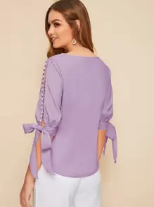 SHEIN Privé Pearl Beaded Split Sleeve Knot Cuff Top - Lilac Purple - View 3