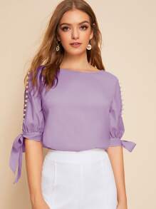 SHEIN Privé Pearl Beaded Split Sleeve Knot Cuff Top - Lilac Purple - View 4
