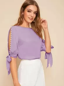 SHEIN Privé Pearl Beaded Split Sleeve Knot Cuff Top - Lilac Purple - View 2