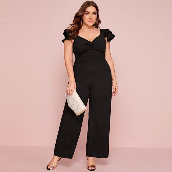 

Plus Sweetheart Neck Twist Front Wide Leg Jumpsuit, Black