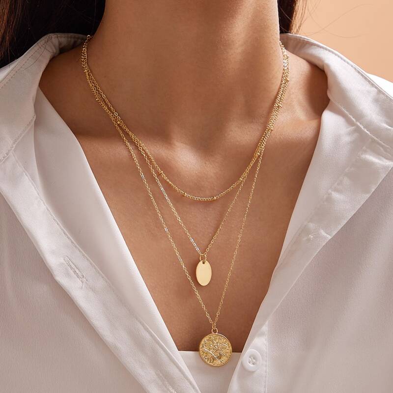 

1pc Coin Charm Layered Necklace, Gold