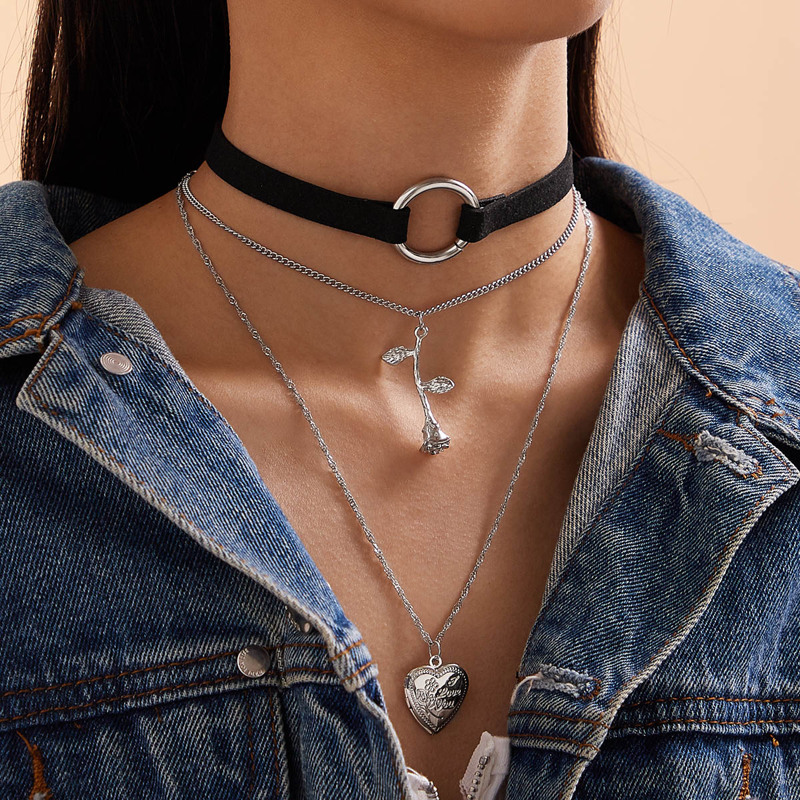 

2pcs Heart & Rose Charm Necklaces, Silver