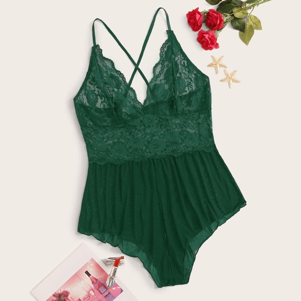 

Plus Contrast Lace Mesh Romper Bodysuit, Green