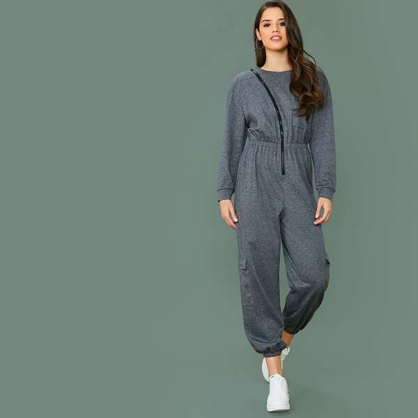 

Zip Front Flap Pocket Sweatshirt Jumpsuit, Grey