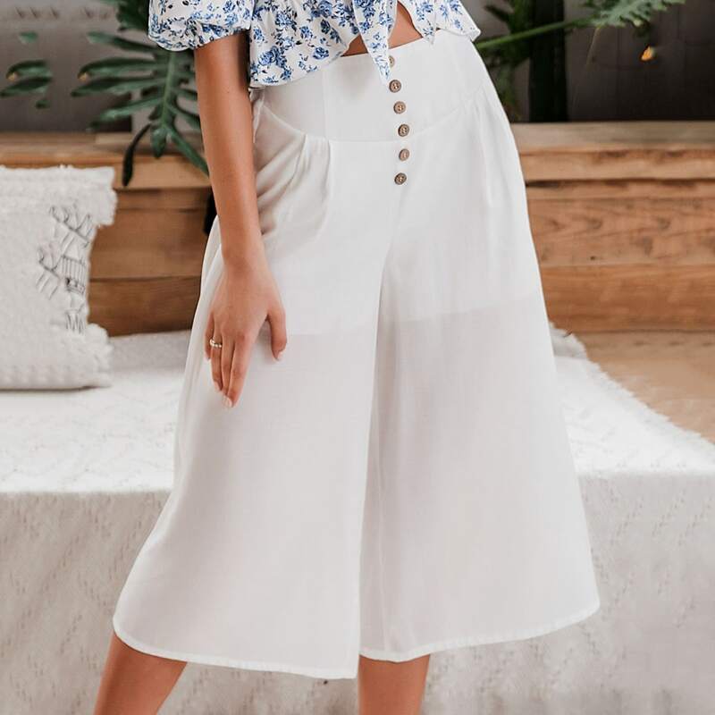 

Simplee Button Detail Wide Leg Capri Pants, White