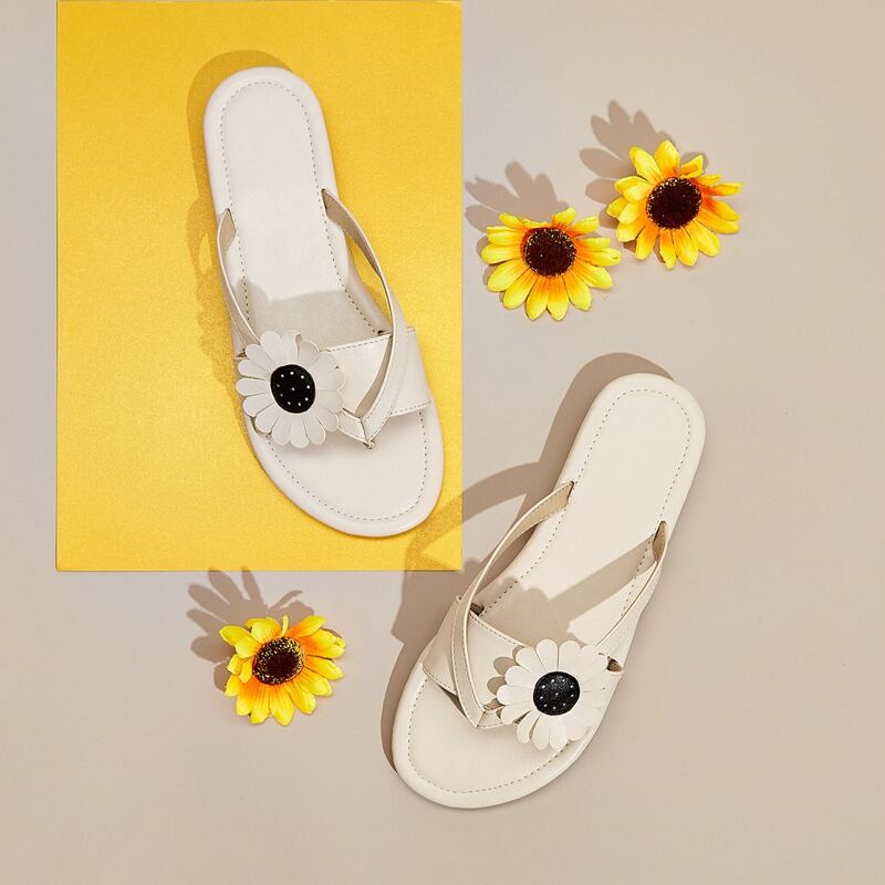 Floral Applique Decor Flip Flops, Beige