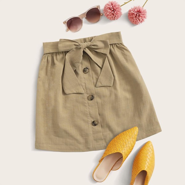 

Button Front Belted Skirt, Khaki