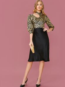 SHEIN Cut Out Shoulder Lantern Sleeve Leopard Metallic Top - Multicolor - View 5