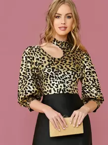 SHEIN Cut Out Shoulder Lantern Sleeve Leopard Metallic Top - Multicolor - View 1