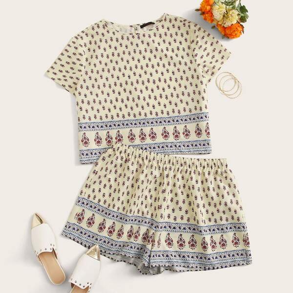 

Plus Floral & Tribal Top & Shorts Set, Beige