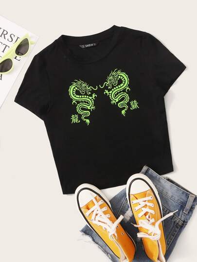 Dragon Print Fitted Crop Tee
