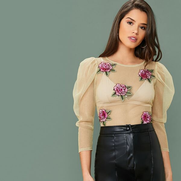 

Embroidered Floral Applique Glitter Mesh Top Without Bra, Beige