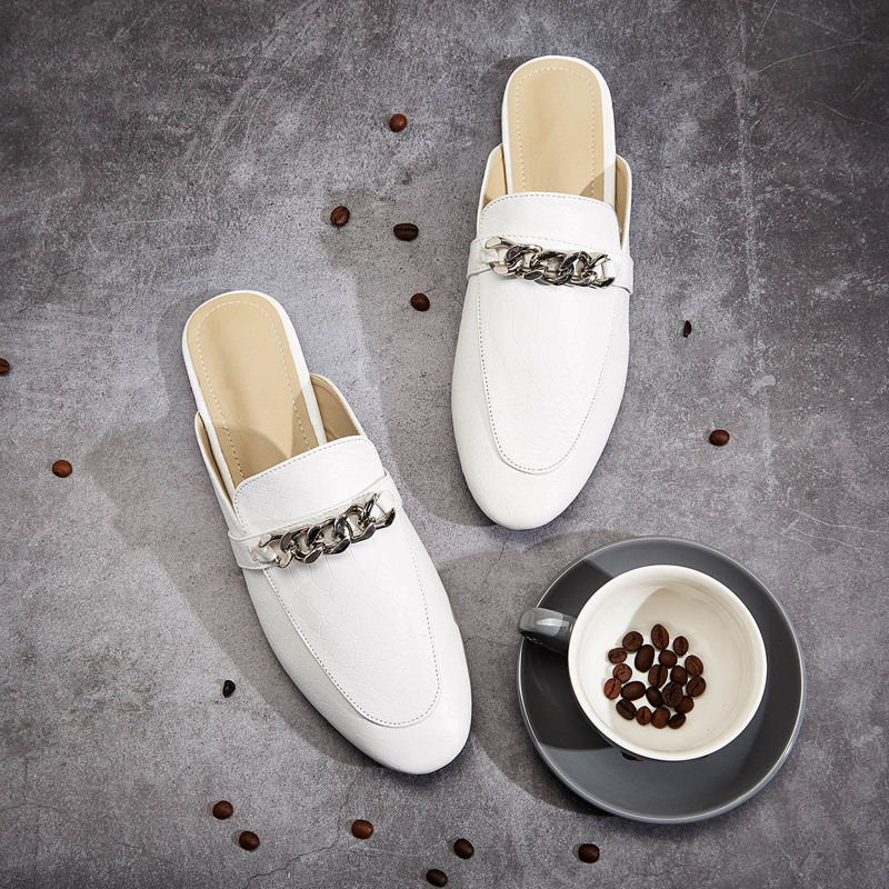 

Chain Decor Croc Embossed Flat Mules, White